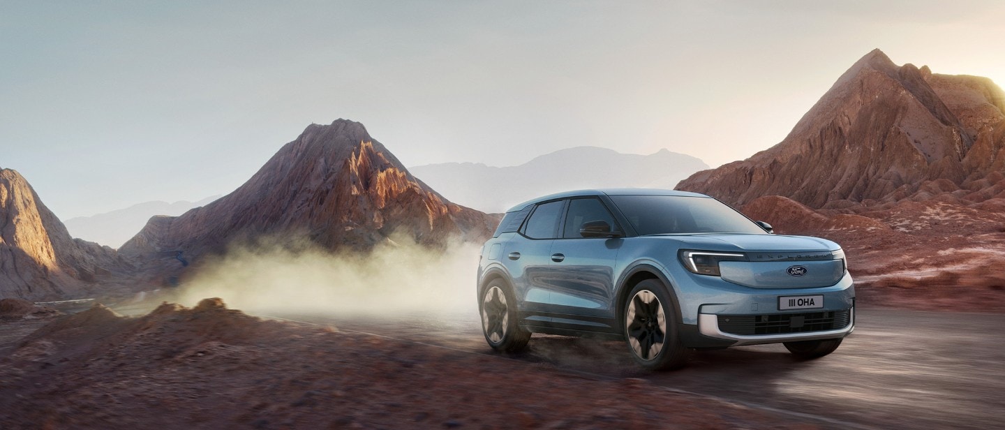 The New All-Electric Explorer being driven through wild landscape