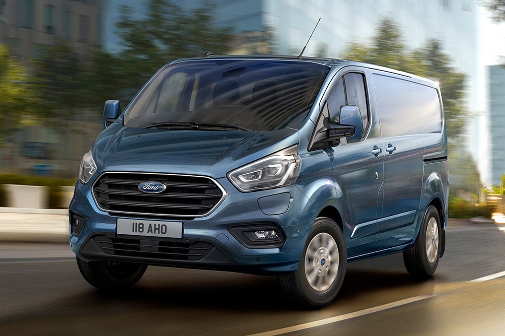 Blauwe Ford Transit Custom