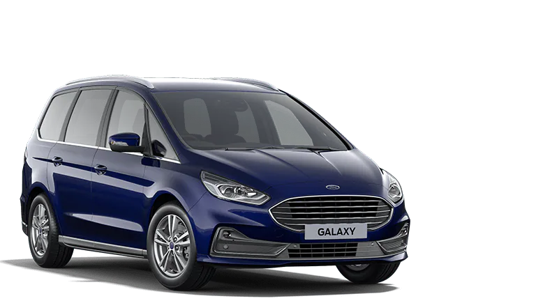 Vooraanzicht van een blauwe Ford Galaxy