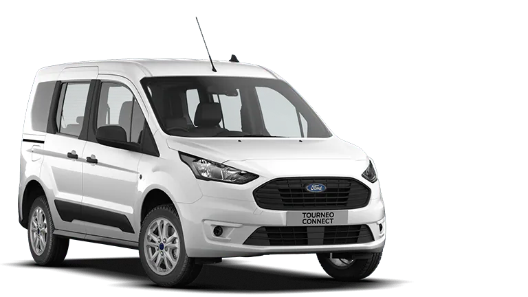 Vooraanzicht van een witte Ford Tourneo Connect