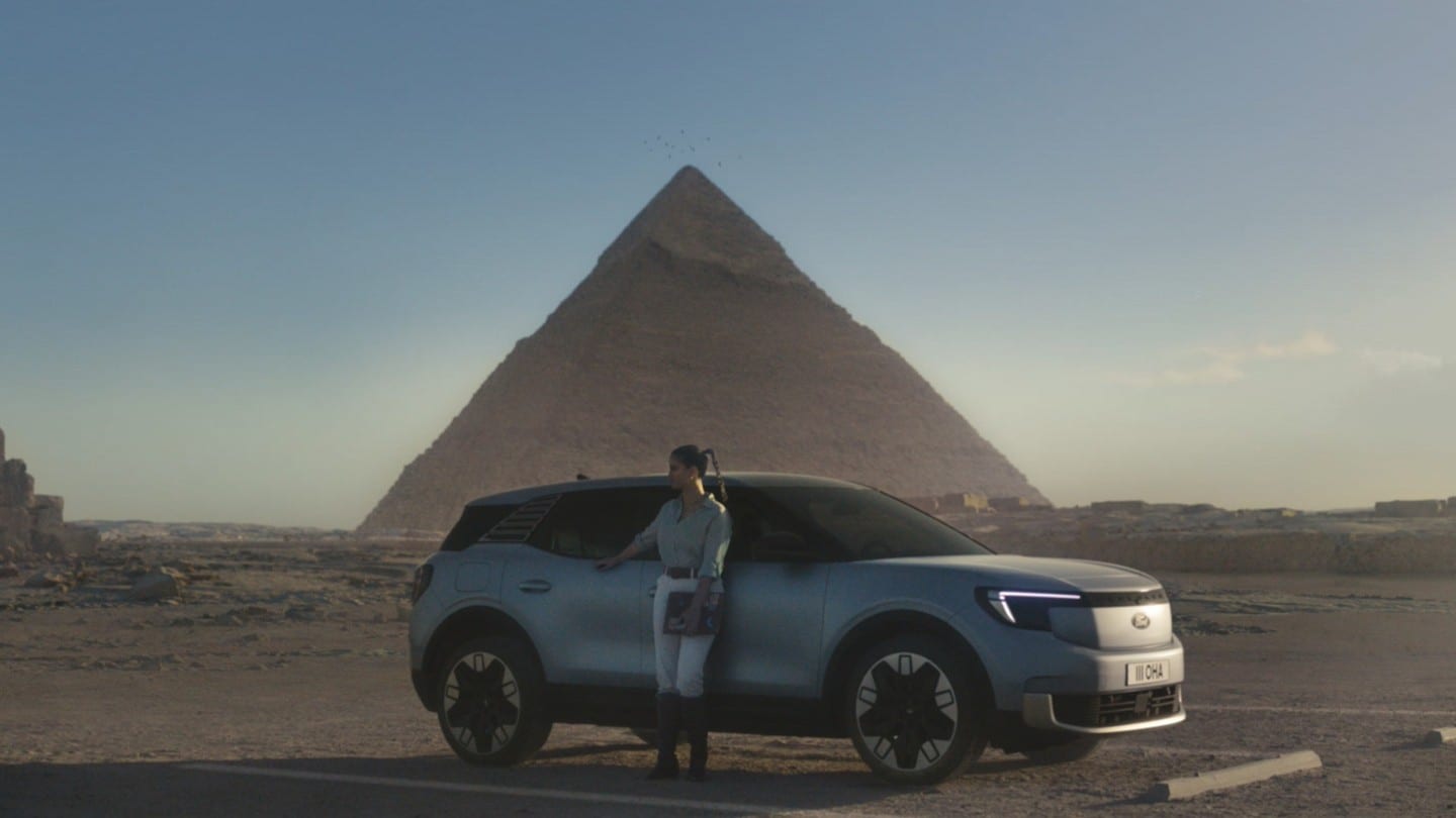 Lexie Limitless and the new all-electric Ford Explorer near pyramids