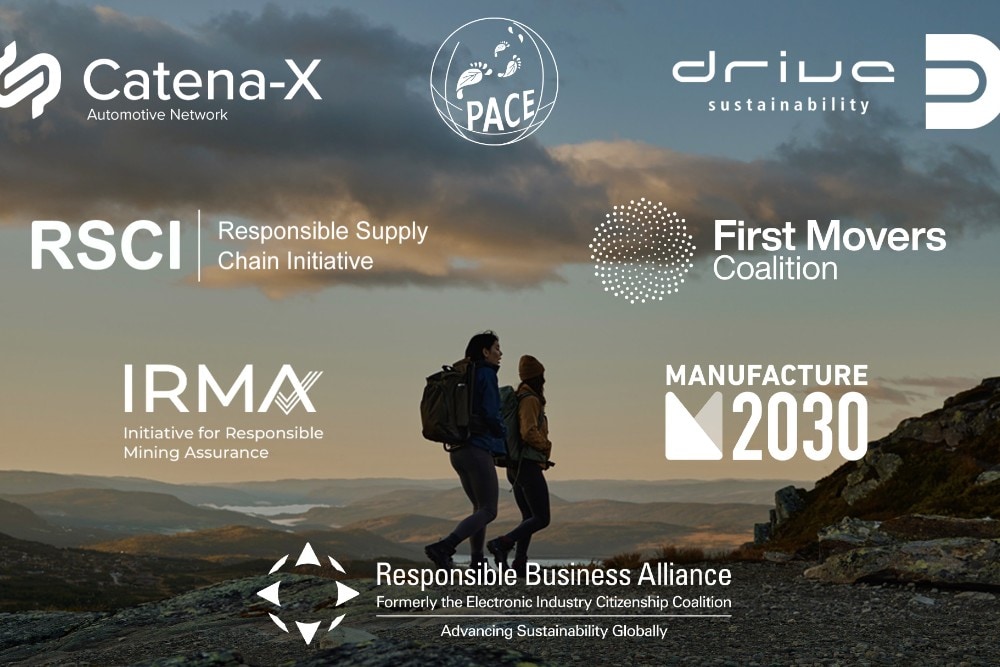 Een afbeelding met logo's van Ford-partnerschappen, waaronder Catena-X, Drive Sustainability, M2030 en Responsible Supply Chain Initiative.