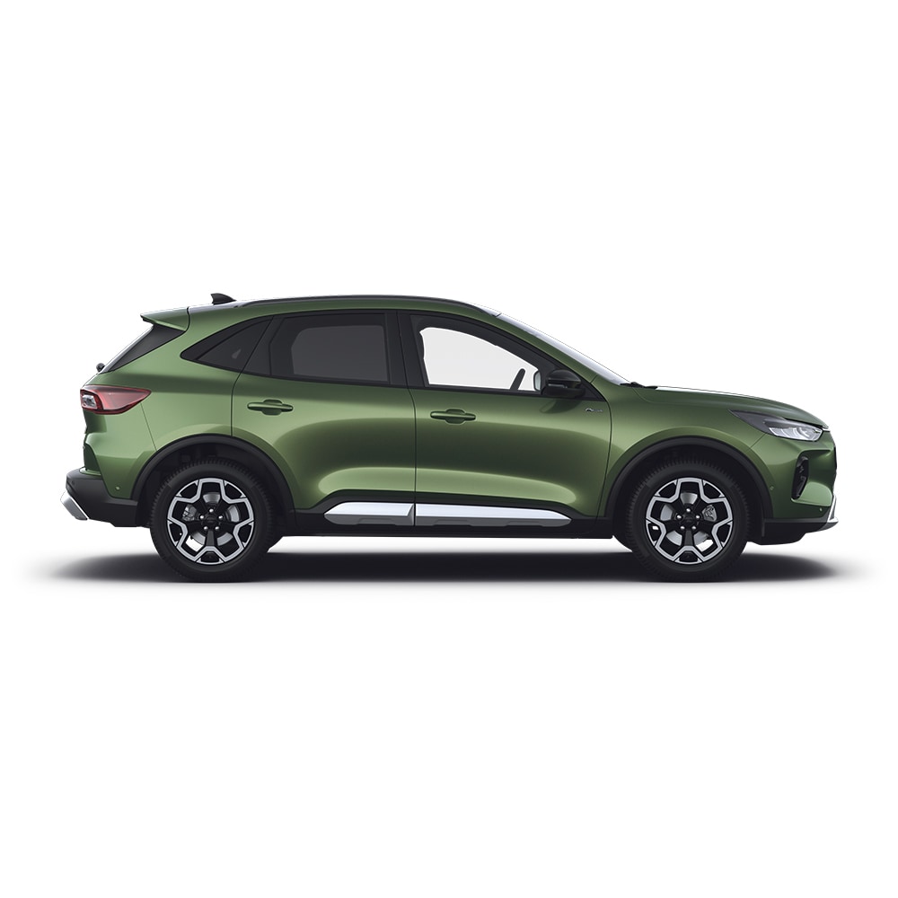 Een groene Ford Kuga zelfopladende hybride auto.