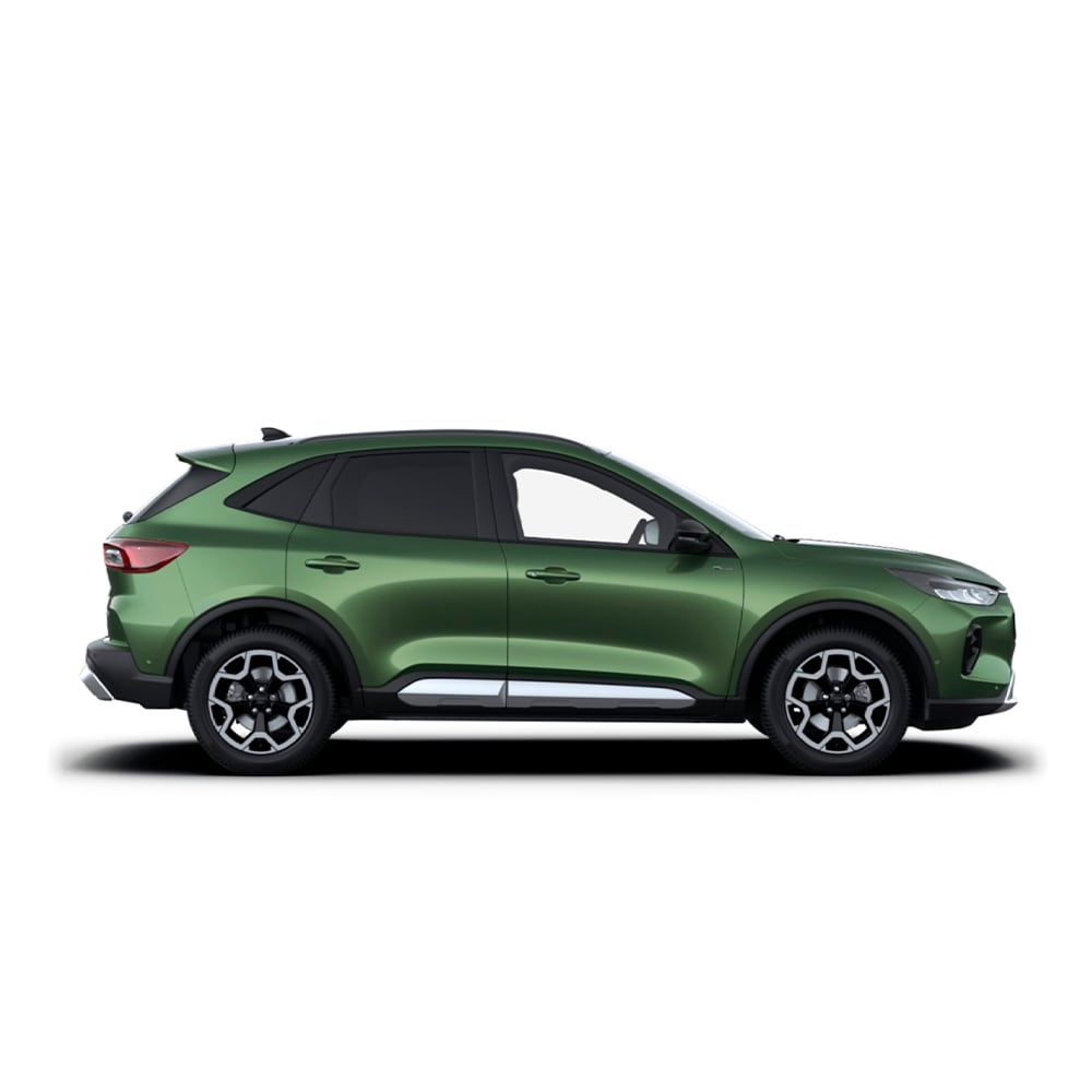 Een groene Ford Kuga zelfopladende hybride auto.