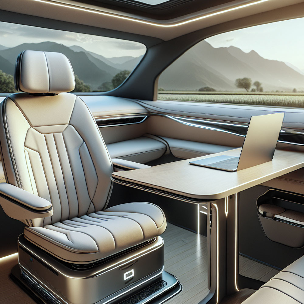 Car interior with swivelling seat and desk