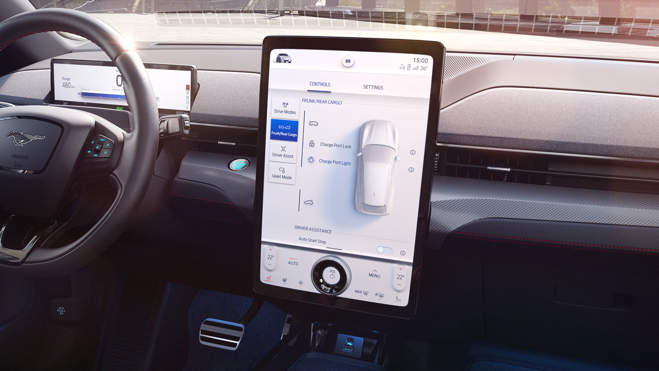 All-New Ford Mustang Mach-E interior with steering wheel and Next Generation Ford SYNC screen