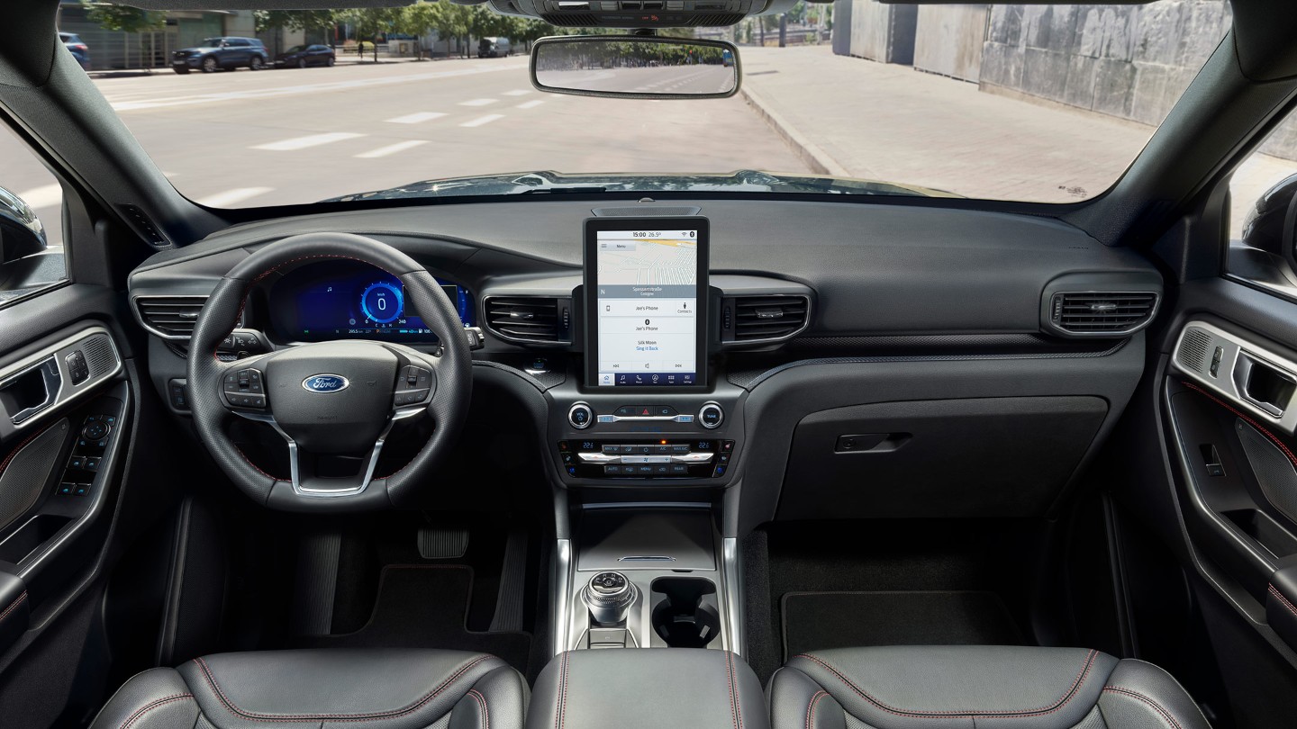 New Ford Explorer PHEV interior view of cabin with view of street through the window