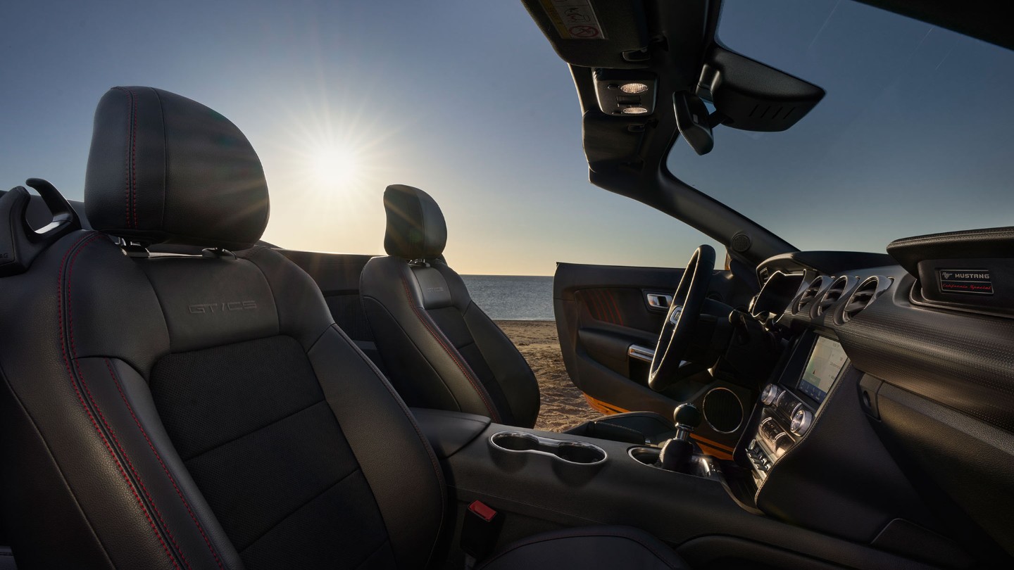 Ford Mustang California Edition interior view showing the cockpit seats. 