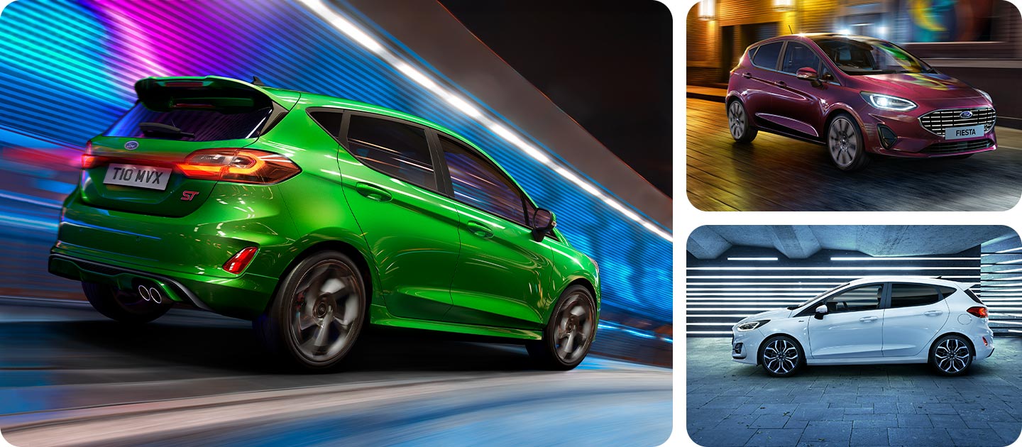 Fotogrid met een groene Fiesta ST-Line, een zilveren Fiesta Active en een rode Fiesta Titanium.