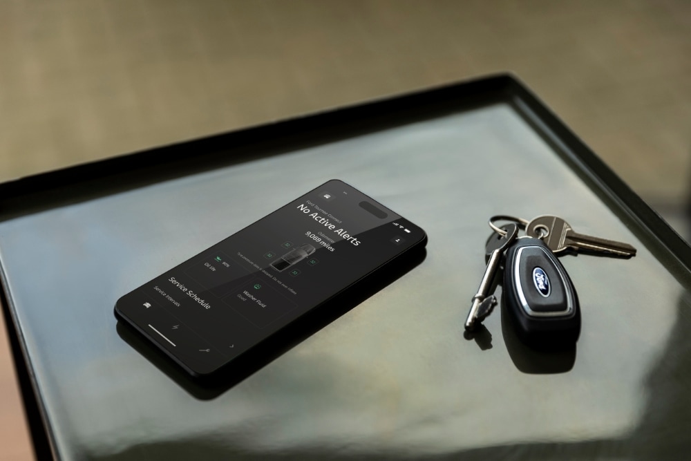 Hand met mobiele telefoon waarop de Ford-app te zien is
