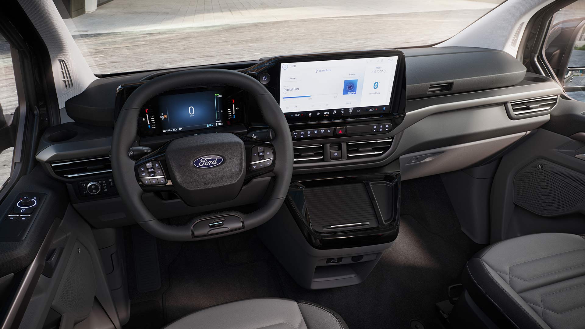 Het interieurdashboard en het stuurwiel van de Ford Tourneo Custom.