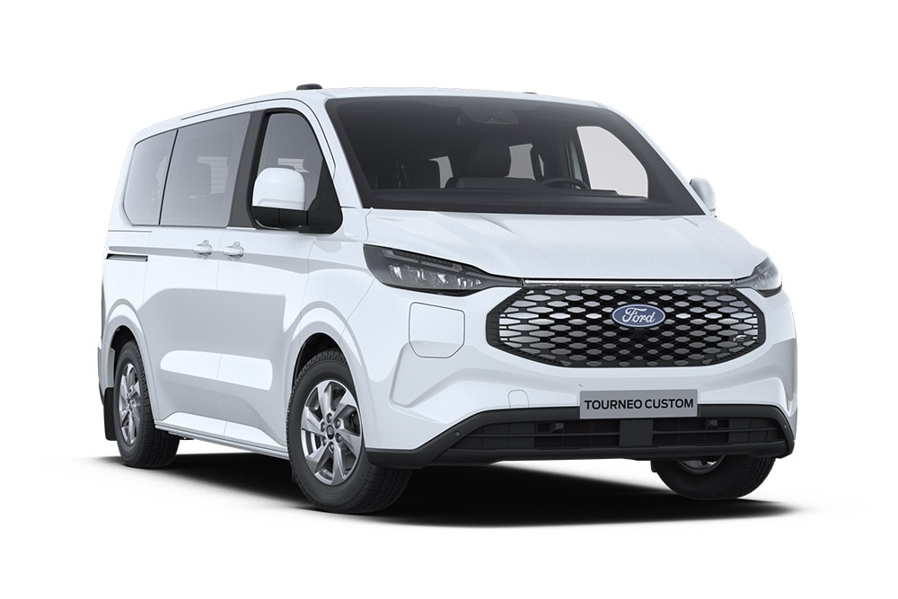 Hoek linksvoor van een witte Ford E-Tourneo Custom Trend.