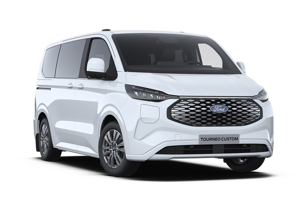 Hoek linksvoor van een witte Ford E-Tourneo Custom Titanium.