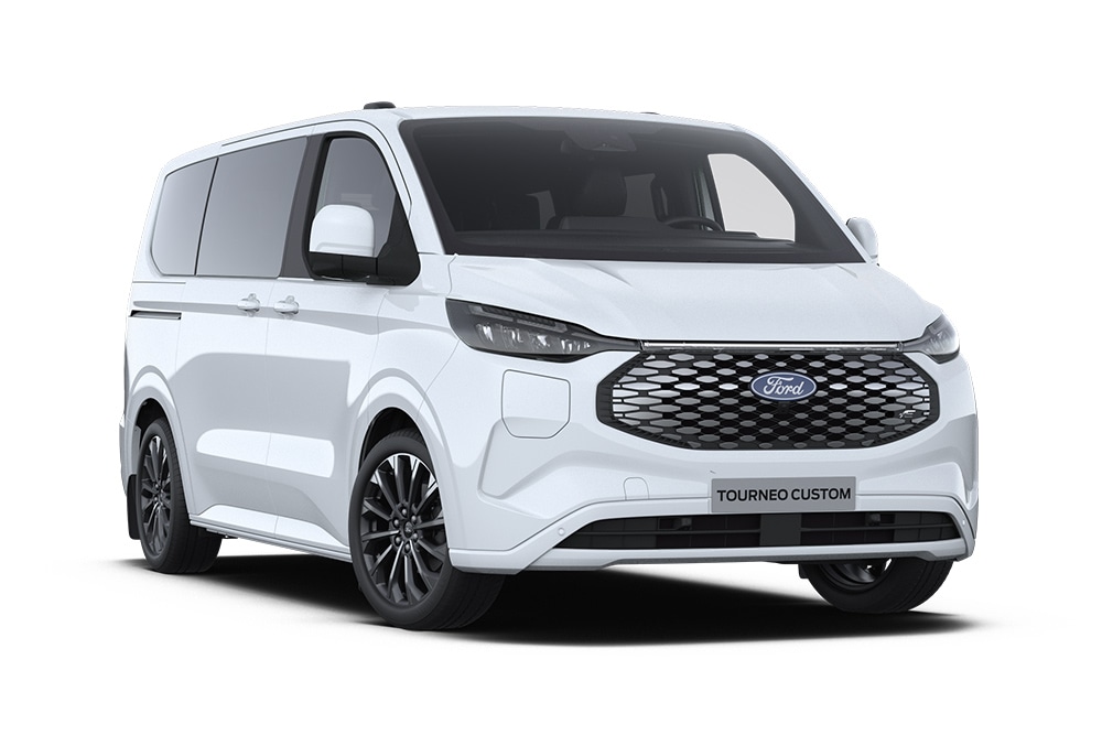 Hoek linksvoor van een witte Ford E-Tourneo Custom Titanium X.