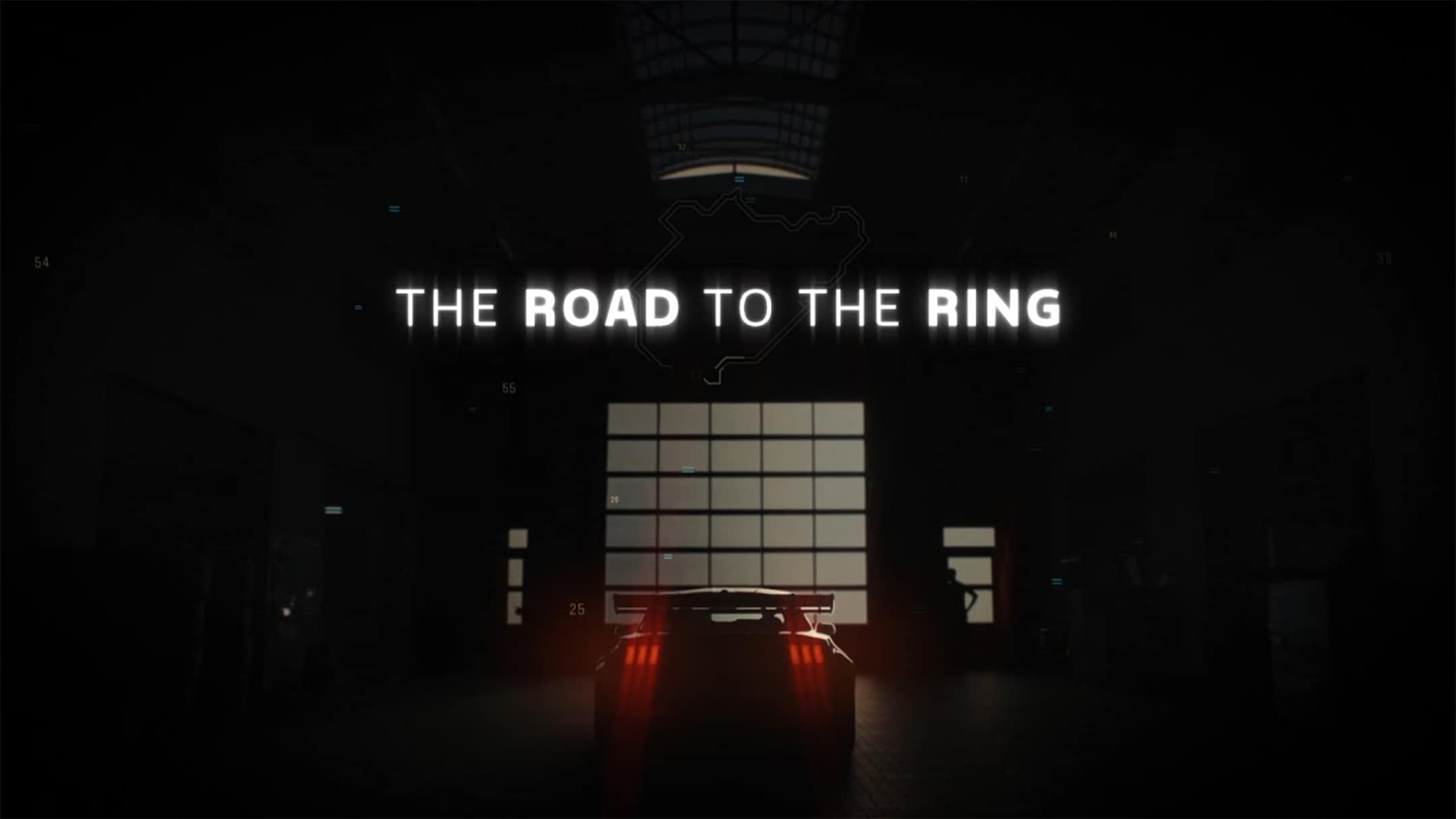 Ford Mustang GTD in een racegarage met THE ROAD TO THE RING 