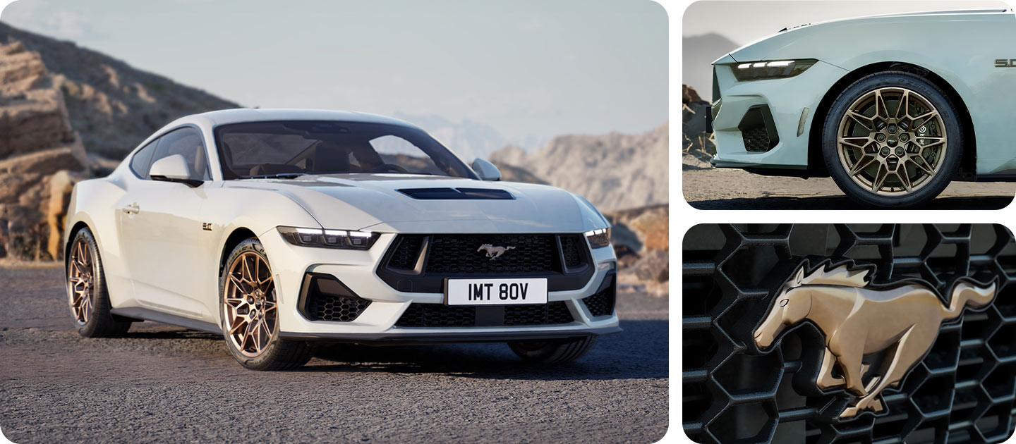 Drie foto’s in een raster met een witte Ford Mustang GT Coupe met Bronze Pack op een bergweg