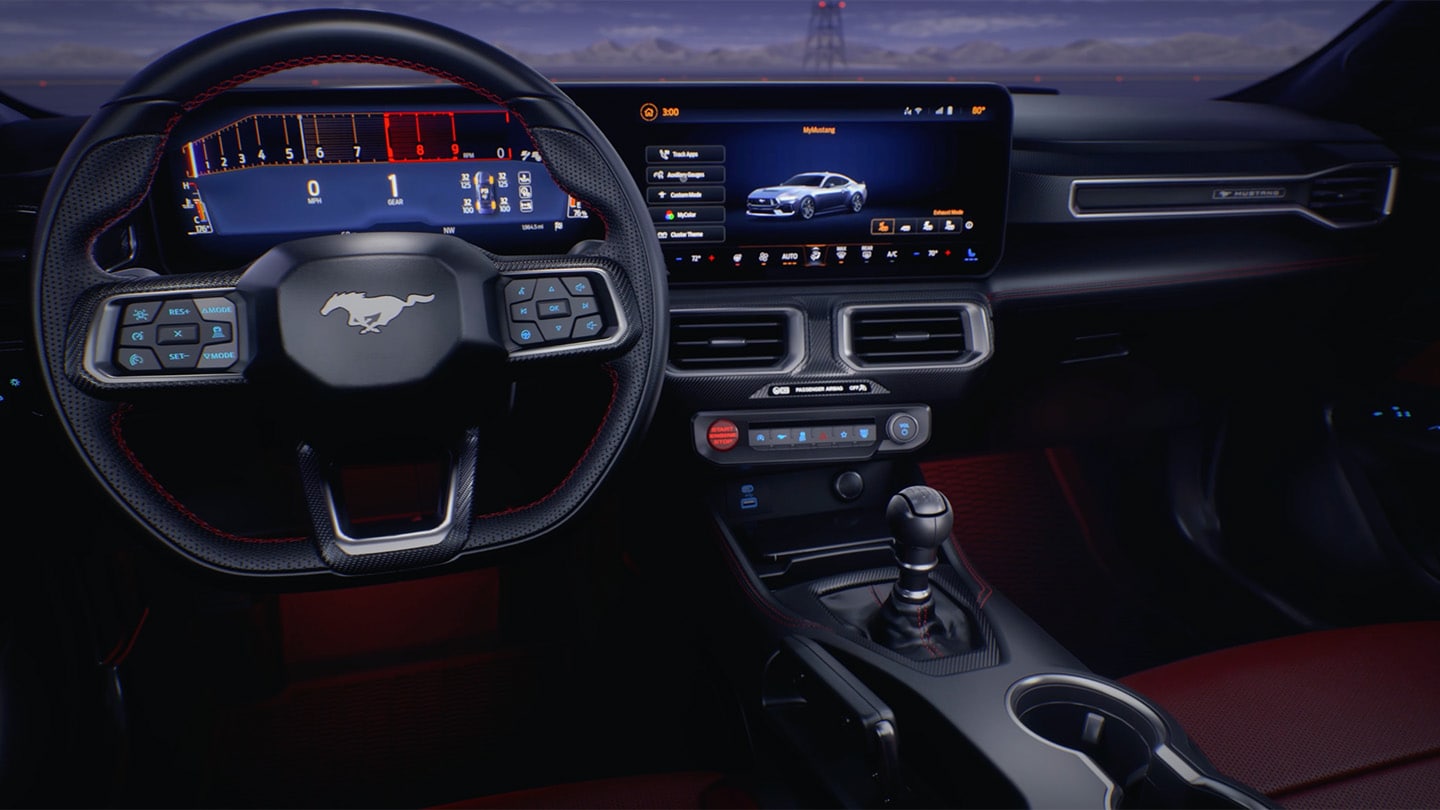 Interieur van de Ford Mustang met digitale cockpit en dashboard