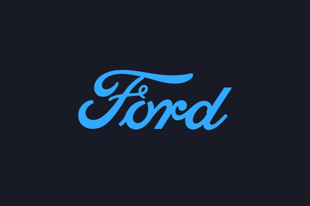 Blauw Ford logo op een donkere achtergrond.