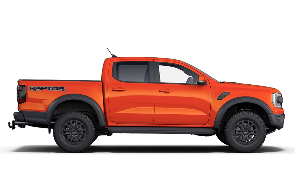 Oranje Ford Ranger Raptor 4x4, onderdeel van de reeks Ford Performance auto's.