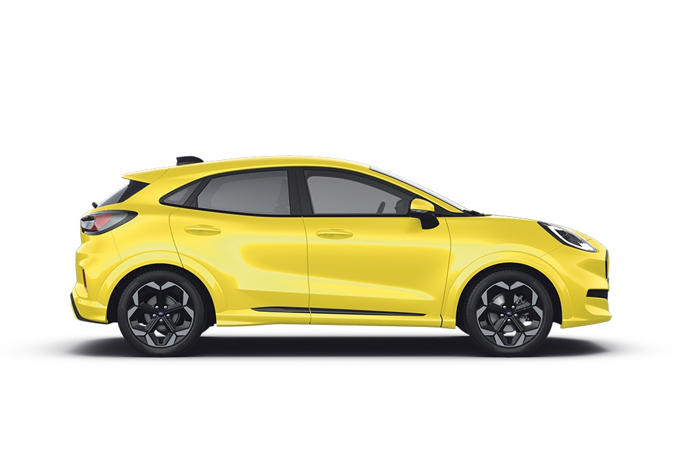 Gele Ford Puma Gen-E, onderdeel van de Ford SUV-reeks.