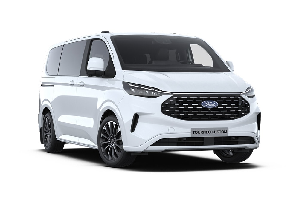 Hoek linksvoor van een witte Ford Tourneo Custom Titanium X.