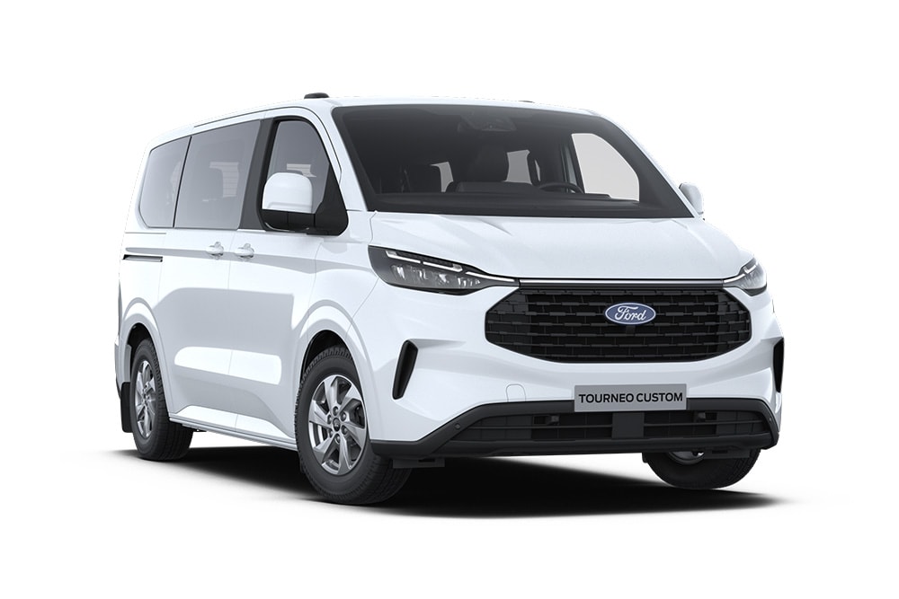 Hoek linksvoor van een witte Ford Tourneo Custom Trend.