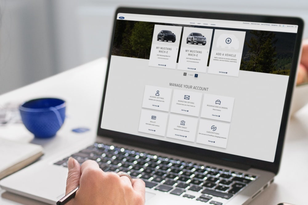 Iemand bekijkt de Ford-software op een laptop