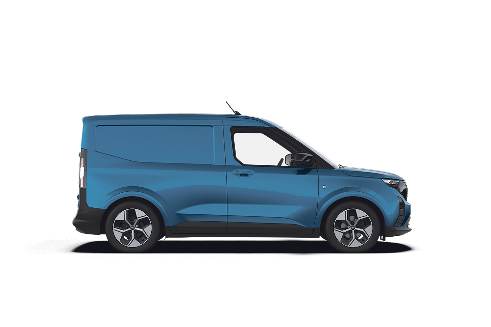 Blauwe Ford E-Transit Courier