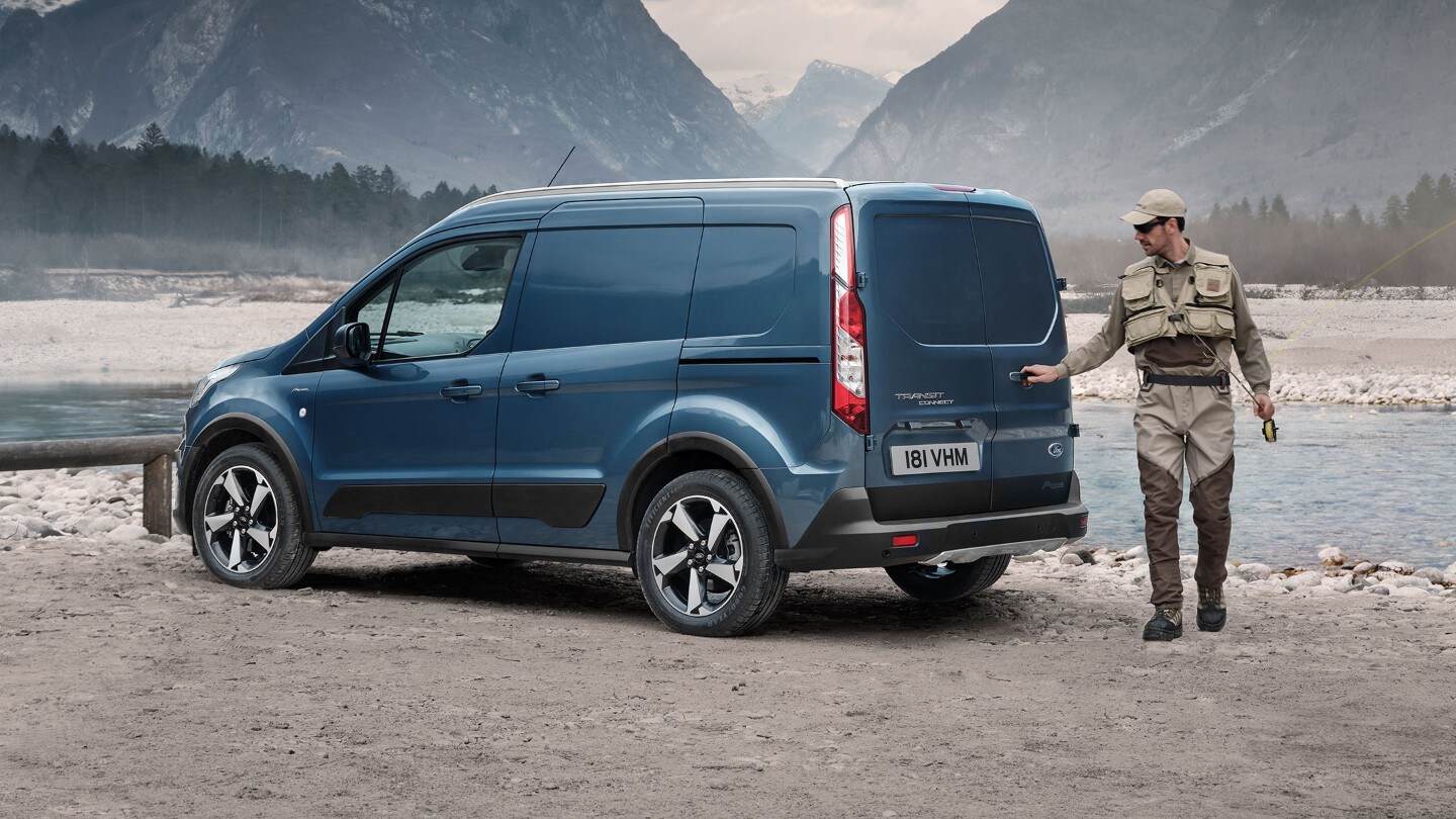 Ford Transit Connect Active rear doors on display, parked by a river