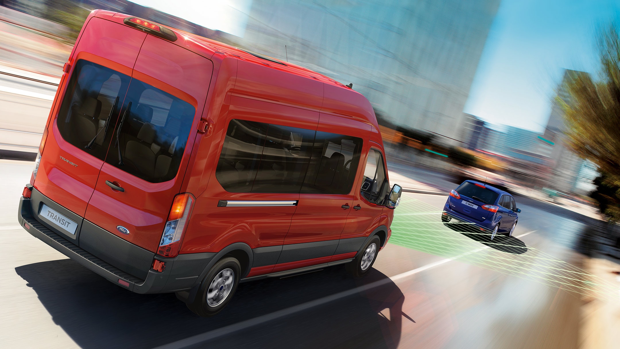 Ford Transit Minibus trailing another car with Adaptive Cruise Control