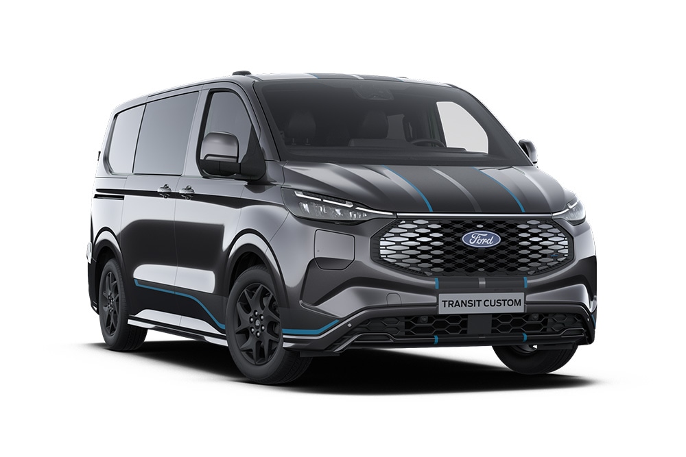 Donkergrijze Ford E-Transit Custom Sport bestelwagen, vooraanzicht.