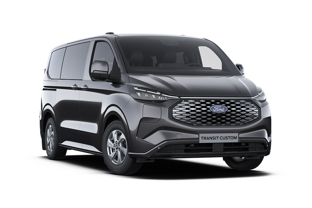 Donkergrijze Ford E-Transit Custom Limited bestelwagen, vooraanzicht.