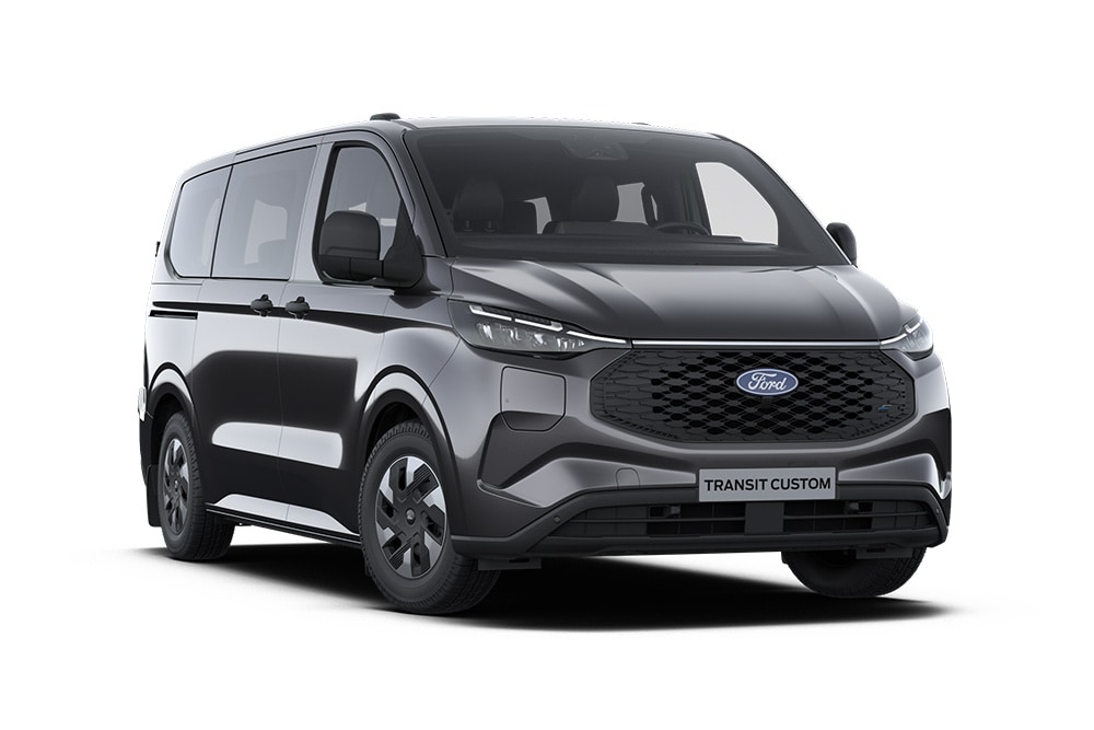 Donkergrijze Ford E-Transit Custom Trend bestelwagen, vooraanzicht.