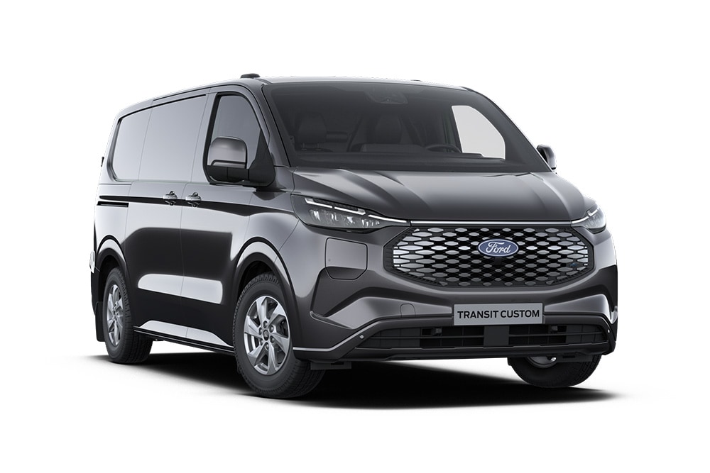 Donkergrijze Ford E-Transit Custom Limited bestelwagen, vooraanzicht.