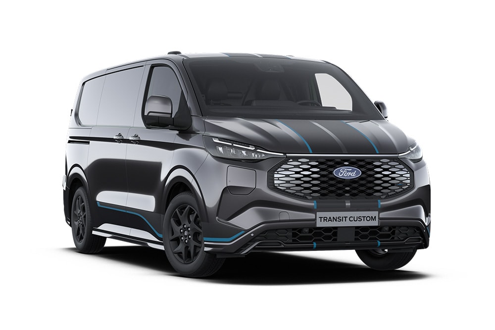 Donkergrijze Ford E-Transit Custom Sport bestelwagen, vooraanzicht.