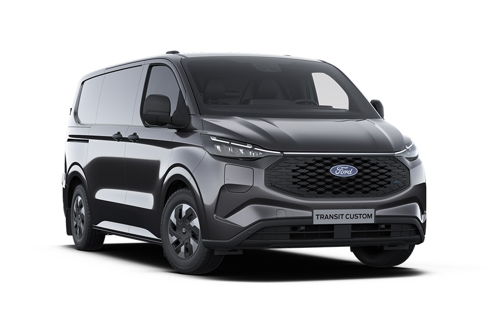 Donkergrijze Ford E-Transit Custom Trend bestelwagen, vooraanzicht.