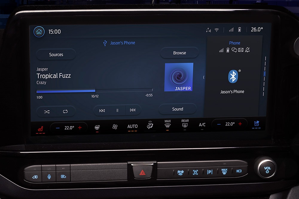 Infotainmentscherm in een Ford E-Transit Custom elektrische bestelwagen.