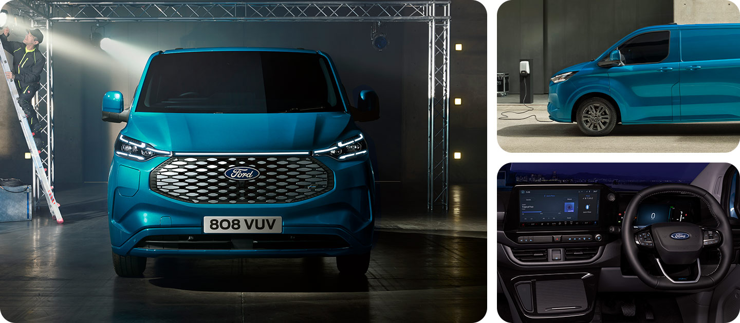 Blauwe Ford E-Transit Custom bestelwagen, vooraanzicht.