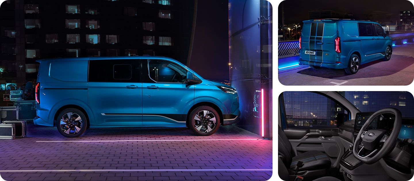 Blauwe elektrische Ford E-Transit Custom Multi-use, zijaanzicht, 's nachts.