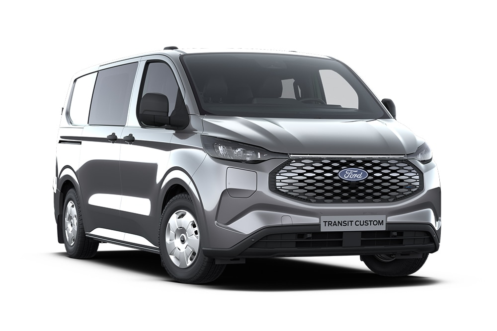 Donkergrijze Ford E-Transit Custom Trend Multi-use, vooraanzicht.