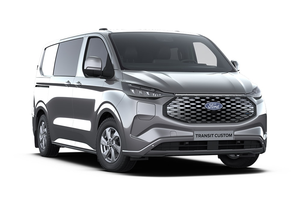 Donkergrijze Ford E-Transit Custom Limited Multi-use, vooraanzicht.