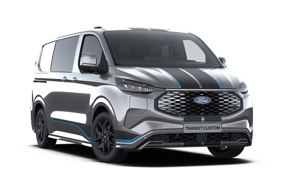 Donkergrijze Ford E-Transit Custom Sport Multi-use, vooraanzicht.