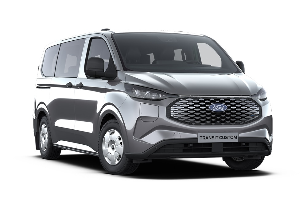 Donkergrijze Ford Transit Custom Leader Kombi bestelwagen, vooraanzicht.