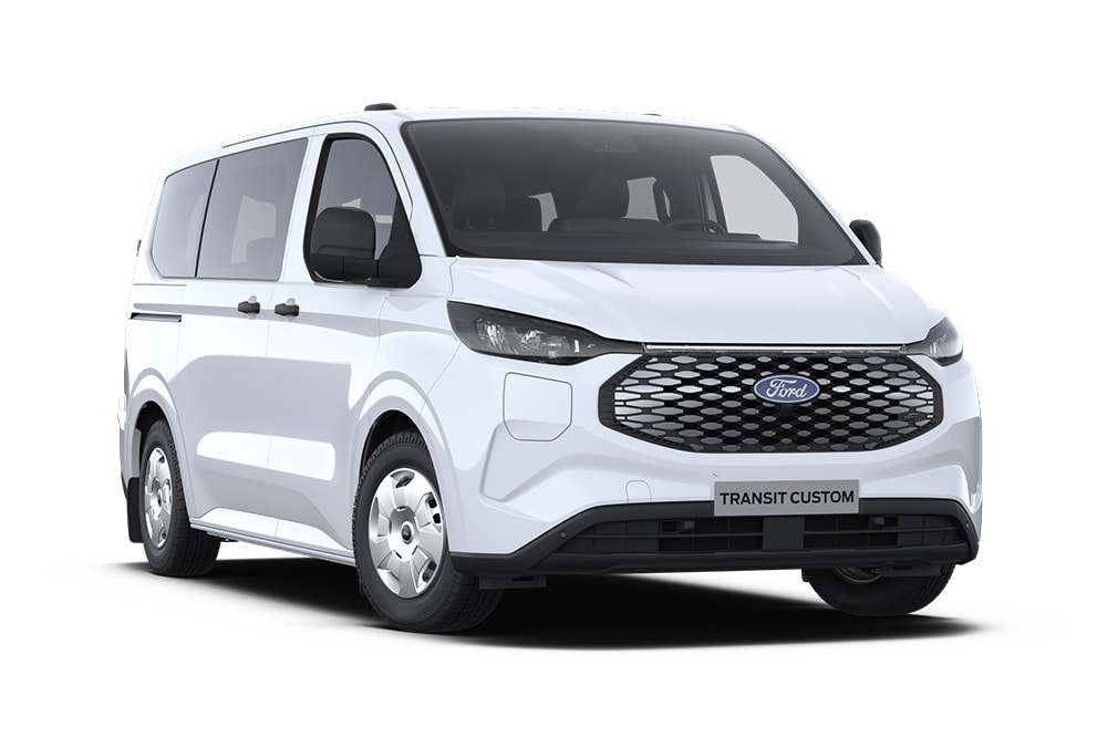 Witte Ford E-Transit Custom elektrische bestelwagen MultiCab, schuin vooraanzicht (niet beschikbaar in België).