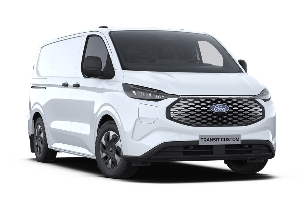 Witte Ford E-Transit Custom elektrische bestelwagen, vooraanzicht.