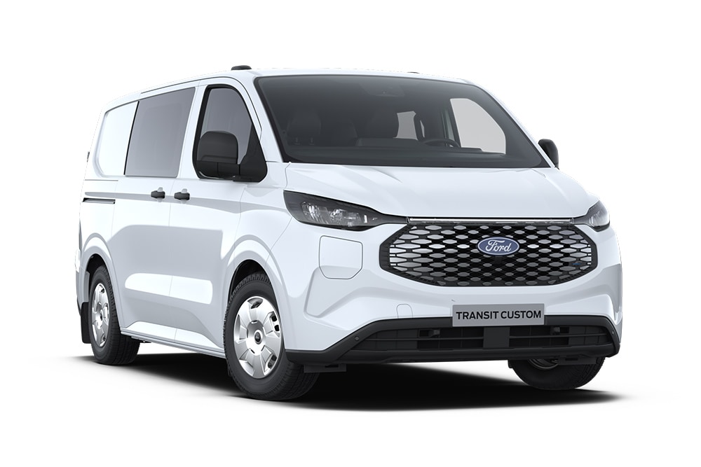 Witte Ford E-Transit Custom elektrische Multi-use, schuin vooraanzicht.