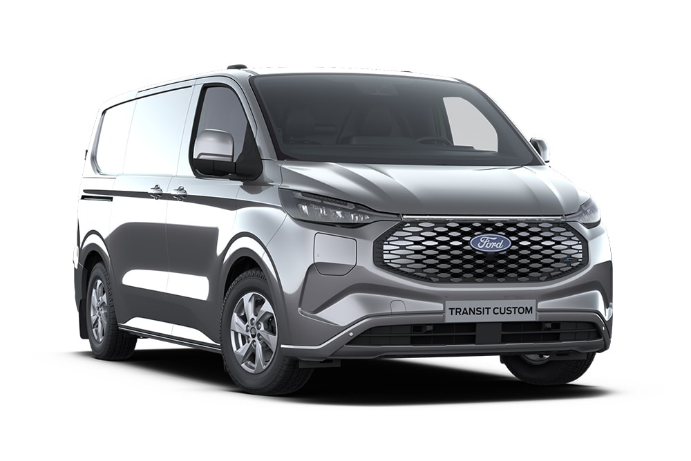 Donkergrijze Ford E-Transit Custom Limited bestelwagen, vooraanzicht.