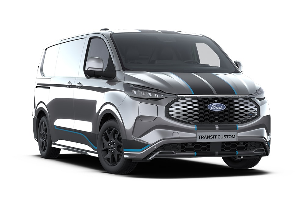 Donkergrijze Ford E-Transit Custom Sport bestelwagen, vooraanzicht.