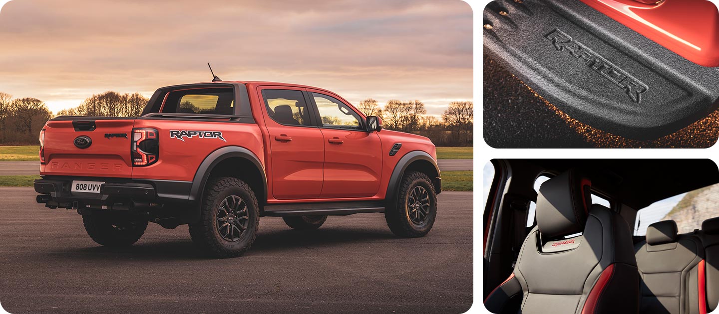 Oranje Ford Ranger Raptor-montage van drie afbeeldingen - driekwart achteraanzicht, close-up van achterbumperdetails en close-up van zeteldetails.