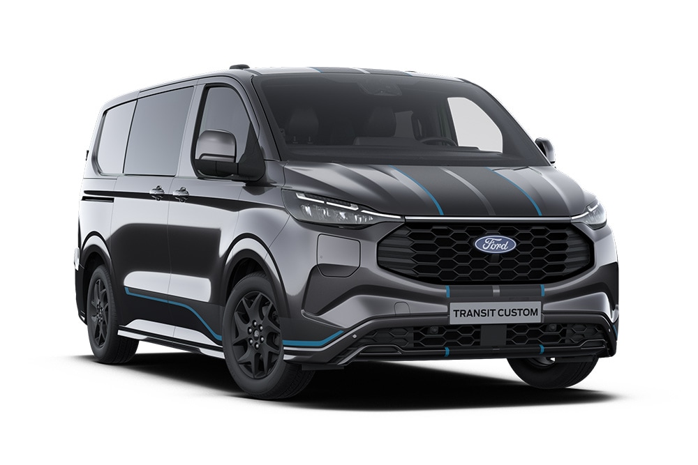 Donkergrijze Sport Ford Transit Custom bestelwagen met blauwe accenten.